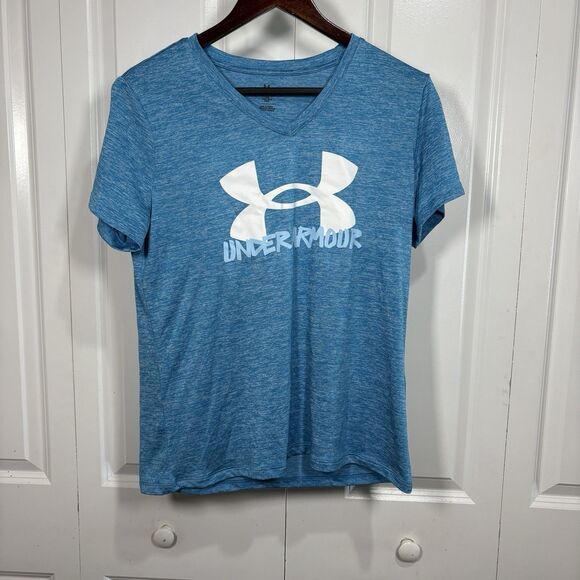 Under Armour T-Shirt Women M V-Neck Blue Logo Tee Athletic Gym Running Core - Picture 1 of 10